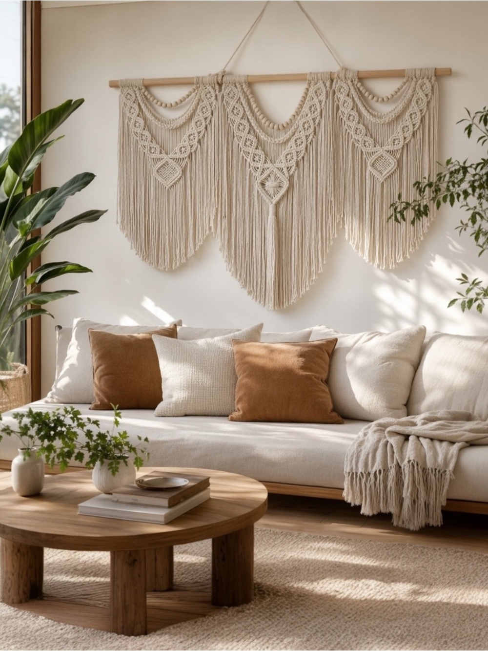 NEW Anthro Large Boho Tapestry Cotton Macrame Woven Beaded Wood Wall Hanging 43"